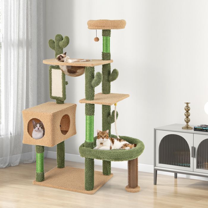 Meilleurs prix pour COSTWAY Arbre à Chat Cactus 150 cm à Plusieurs Niveaux, Griffoirs, Corde en Sisal, Condo, Perchoir, Auto-toiletteur, Jouet Suspendu