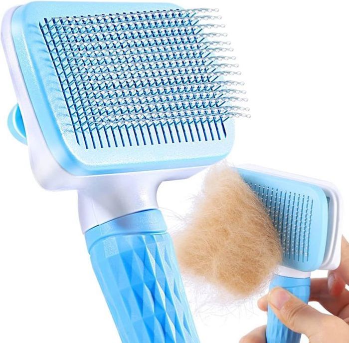 Comparer les prix de Brosse pour animaux - QIEDIEY - Brosse rétractable - Acier inoxydable - Conception douce - Poils bleus