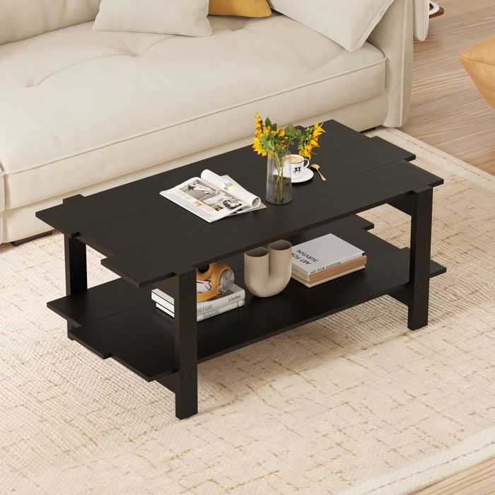en.casa] Table Basse de Salon Design avec 2 Compartiments de Rangement Table d'Appoint Style Intemporel Industriel avec 2 Étagères Acier 120 x 50 x 50 cm Noir Mat