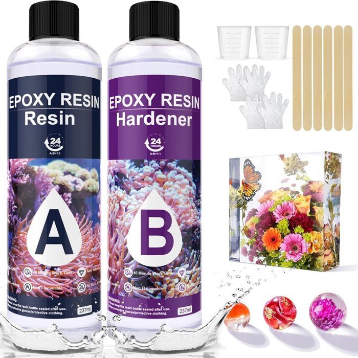 Kit Résine Epoxy Transparente SUNXBUK 608ml - 1:1 Avec Colorants & Paillettes Pour Bricolage & Bijoux