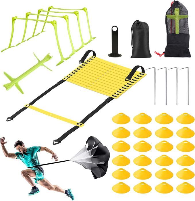 Comparer les prix de Agility Ladder Kit d'entraînement, Entrainement Foot Ensemble Agile, 24Cones de Sport, 5 haies réglables,1 Sac de Transport