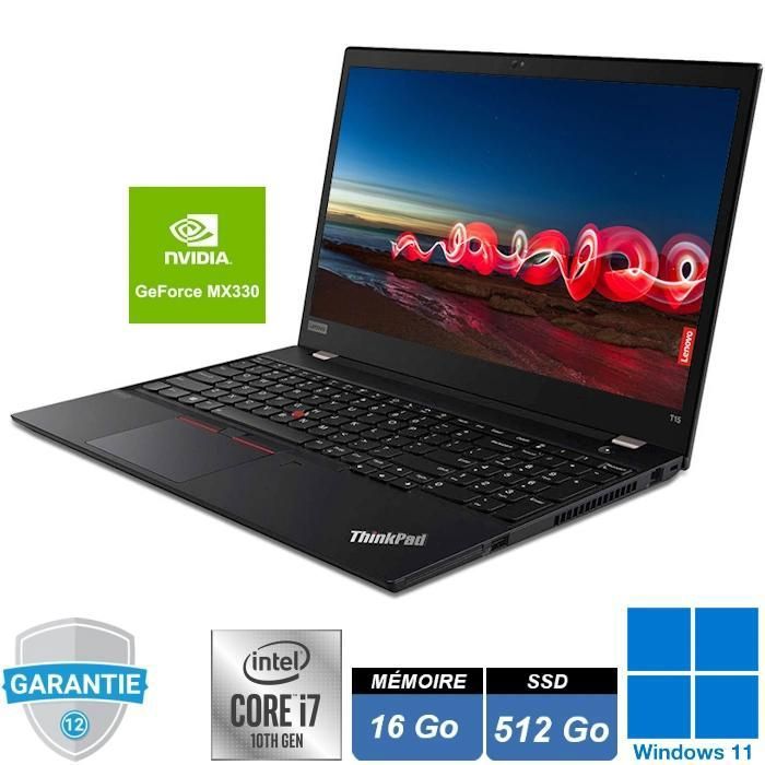 Pc portable – Lenovo Thinkpad T15 Gen1 – 156 Full HD – i7 10610U – RAM 16Go – SSD512Go – NVIDIA MX330 2Go – Windows 11 Pro