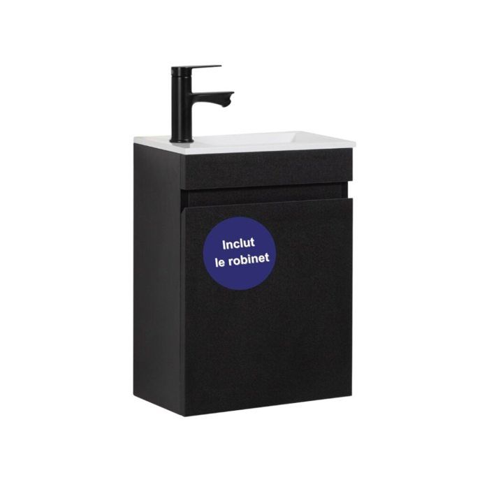Meuble Lave Main WC 40cm Prémonté Petit lavabo avec meuble bas avec Robinet Noir Mat (Noir Avec Robinet Noir Mat)