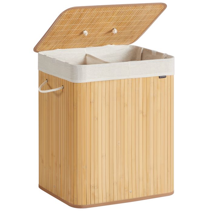 Panier à Linge avec Couvercle 2 Compartiments 120L en Bambou Pliable Sac Amovible et Lavable en Machine avec Poignées Naturel