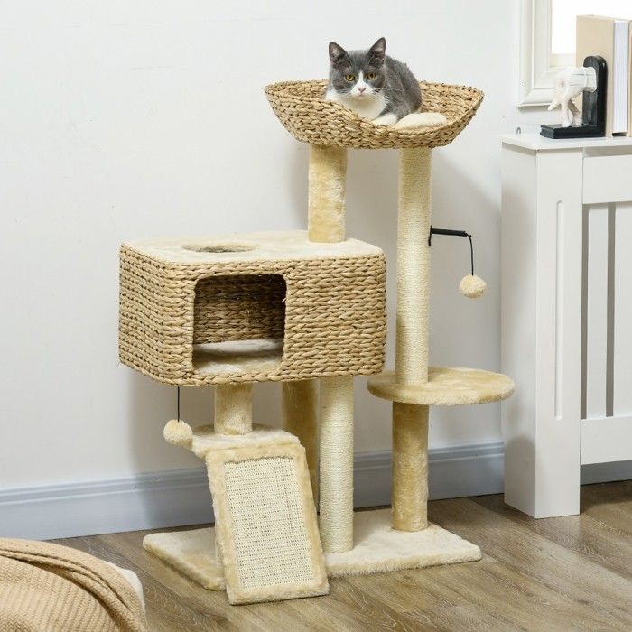 Arbre à chat 98cm - 2 zones de repos + balle de jeu - Pour chats ≤6kg - Meuble en sisal beige - Design élégant Arbre à chat 98cm - 2 zones de repos + balle de jeu - Pour chats ≤6kg - Meuble en sisal beige - Design élégant