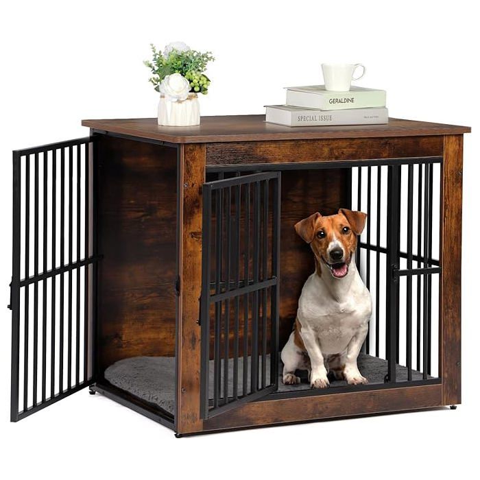 Meilleurs prix pour Cage pour Chien en Bois cage Dintérieur Pour Chien avec Double Porte et Tapis Moelleux Meuble pour Chien 805L x 59B x 715H cm