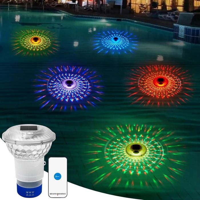 Projecteur solaire de piscine RVB coloré avec télécommande et veilleuse flottante