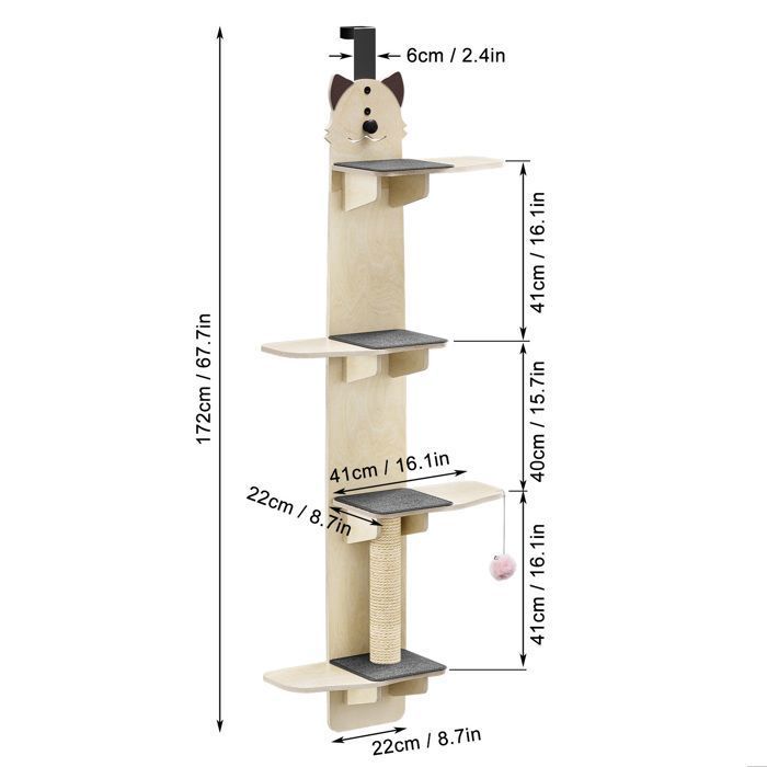 Meilleurs prix pour Arbre à chat vertical à 4 niveaux étagères à suspendre à la porte avec griffoir tapis balle à gratter pour chat dintérieur