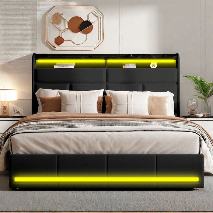 Lit 160x200 cm Lit coffre 160x200 cm Lit 2 personne Coffre de rangement Eclairage LED Sommier inclus Cadre de lit adulte
