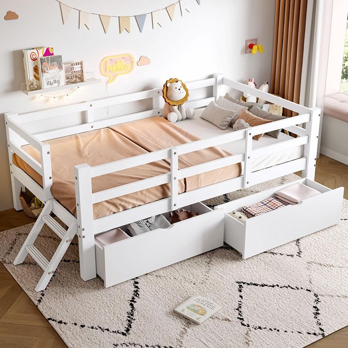 Lit plateforme en bois 90x200 cm avec barrière de sécurité et 2 tiroirs Blanc