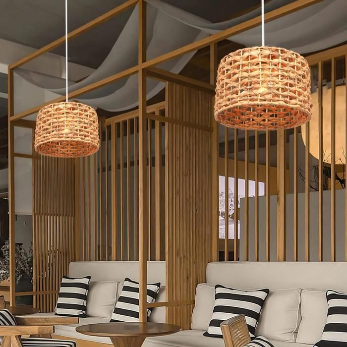 WOTTES 2 x Suspension Bambou Tissage Pendentif Lumière Rond Abat-jour en osier tressé Ø30CM Lustre Lampe de Décoration Restaurant
