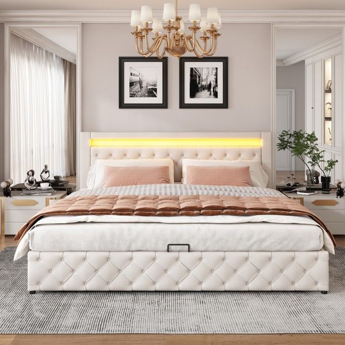 Lit Double 180x200 Blanc Rembourré PU avec Sommier Lattes LED et Rangement Intégré - Sans Matelas Lit Double 180x200 Blanc Rembourré PU avec Sommier Lattes LED et Rangement Intégré - Sans Matelas