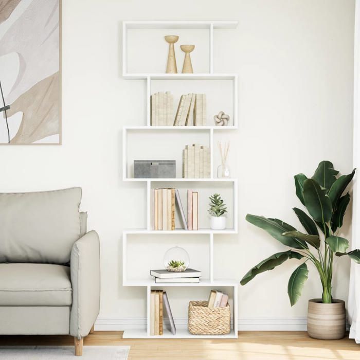 57848 Etagère bibliothèque - MEUBLECHIC - avec compartiments de rangement - Pour salon - séparatrice de pièce à 6 niveaux blanc 70x