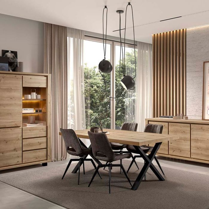 Séjour complet table repas 200cm buffet et argentier aspect bois Hudson Oak - URIDSON Séjour complet table repas 200cm buffet et argentier aspect bois Hudson Oak - URIDSON