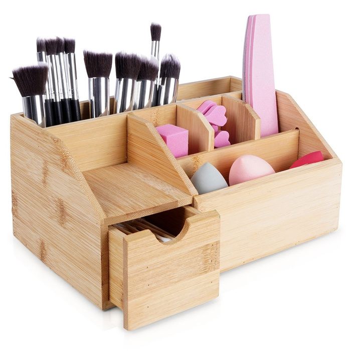 Organisateur de maquillage en bambou - Eleganza - 24x15x11 cm - Six compartiments - Tiroir coulissant - Bois de bambou