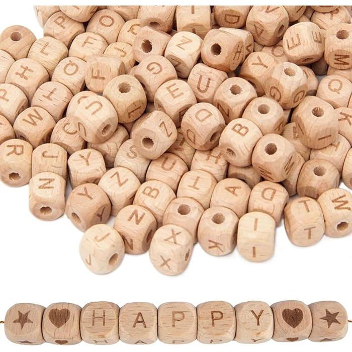 Jwogngls Lot de 300 perles en bois en forme de lettres pour bracelets et colliers Jwogngls Lot de 300 perles en bois en forme de lettres pour bracelets et colliers