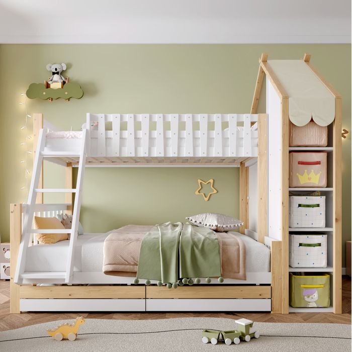 Lit superposé enfant blanc et naturel avec rangement et structure cabane