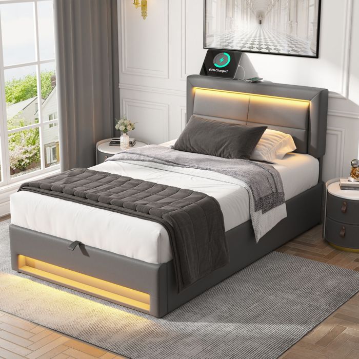 Lit 1 place - KOMHTOM - 90x200 cm - Chargeur sans fil & USB - LED 12 couleurs télécommandée - Rangement sous-lit Lit 1 place - KOMHTOM - 90x200 cm - Chargeur sans fil & USB - LED 12 couleurs télécommandée - Rangement sous-lit