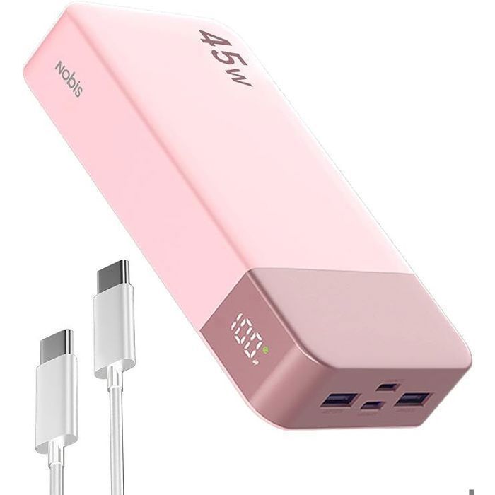 Chargeur Externe 20000mAh 45W Nobis Power Bank 4 Ports Recharge Rapide  Écran LED Digital Compatible MacBook Téléphone S23 Rose