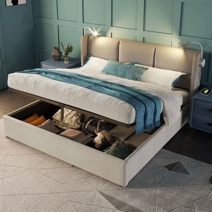 Lit coffre 160x200cm avec ports USB et Lampe de lecture lit 160x200 avec rangement litcoffre 160x200 coffre sommier tissu lin beige