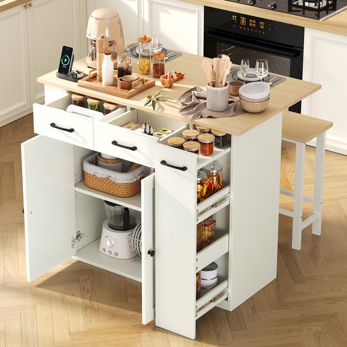 Îlot de cuisine plan de travail rabattable étagères réglables tiroirs étagères de rangement prises électriques et 2 chaises