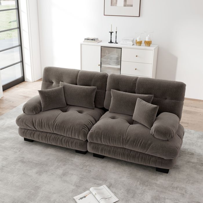 Canapé 2 Places Effet Nuage Canapé Salon Confortable avec 4 Coussins - Assise Profonde - Structure Bois Massif - Chenille Marron