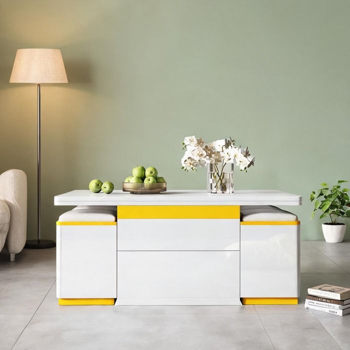 Table basse relevable blanc brillant 100x50 cm + 4 tabourets de rangement