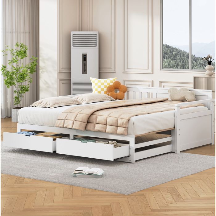 Lit de jour gigogne 2-en-1 90 x 190 / 180 x 190 cm avec 2 tiroirs pin et MDF blanc