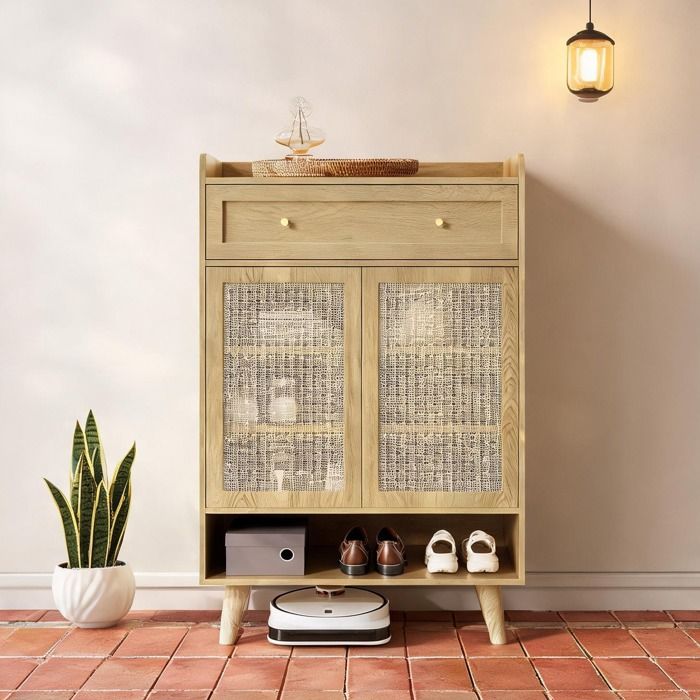 Meuble de rangement en panneau de particules avec 2 portes 4 étagères 1 tiroir et niche ouverte style contemporain 80 × 35 ×