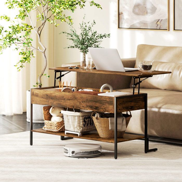 Table basse relevable marron style industriel avec compartiment caché et étagère inférieure