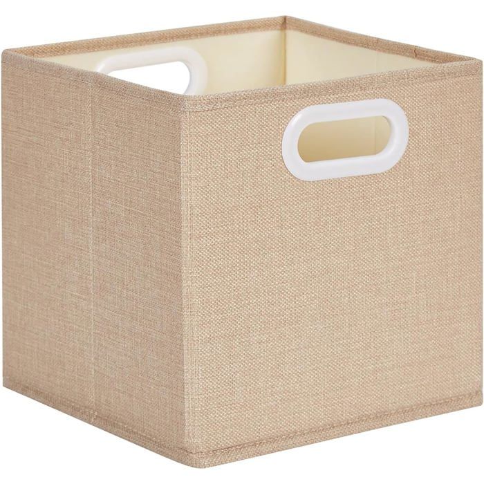 Cube de rangement pliable 25 x 25 x 25 cm - tissu aspect lin beige clair - poignées plastique - empilable - 1 pièce