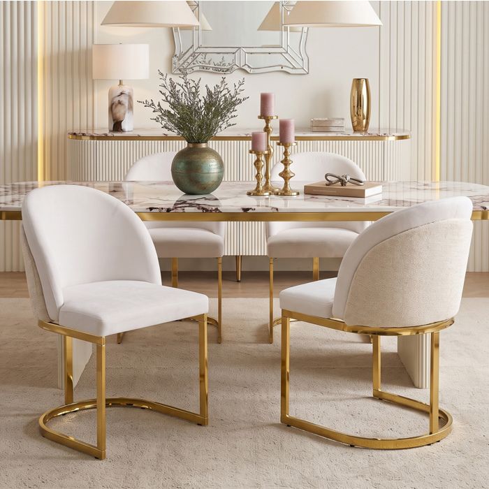 WUVRIE Lot de 2 chaises de salle a manger en chenille beige et or pieds en metal dore style moderne