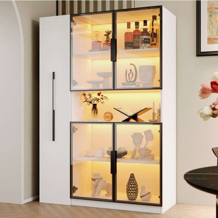 MEUBLIV Vitrine haute 110x35x160 cm blanche en MDF portes vitrées LED multicolore rangement coulissant