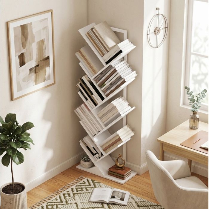 Bibliotheque Arbre Blanche Etagere Industrielle FloraGrace Pour Salon Ou Bureau Avec Kit Anti-Basculement 50x24x136cm