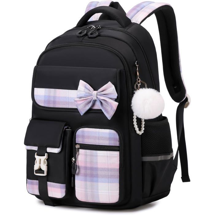 Sac à Sport Scolaire College Étanche Daypack pour Adolescentes Cartable Carreaux pour Filles de 9 à 16 ans pour les Sports Noir