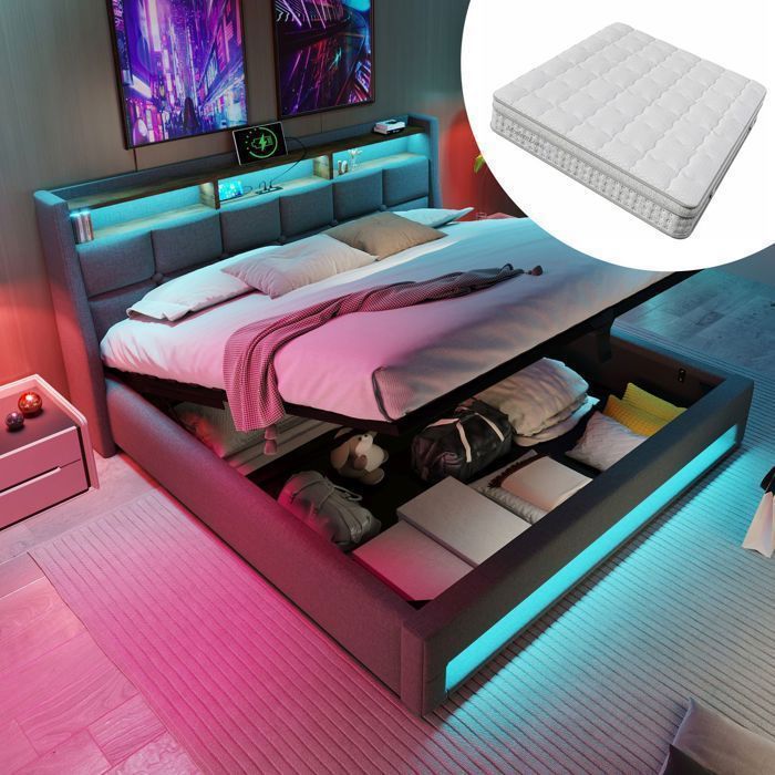 Lit Coffre - WESTYLE - Tapissé 140x200 - LED + 2 USB - Matelas 7 zones 25 cm - Sommier à lattes
