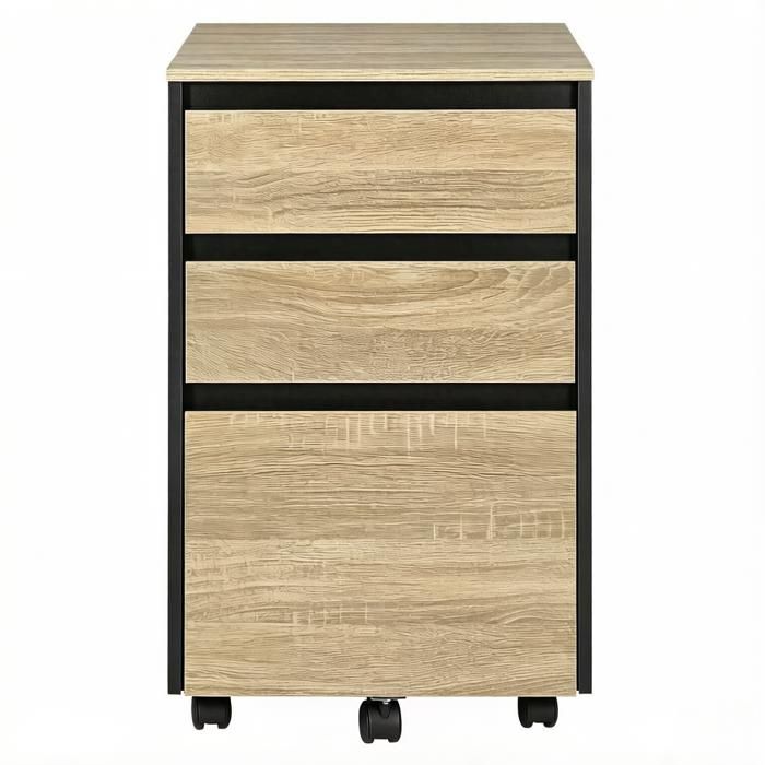 Caisson mobile à roulettes – meuble classeur 3 tiroirs A4 – noir et chêne clair 40x40x70 cm