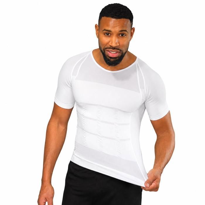 T-shirt correcteur de posture homme compression abdominale maintien du dos manches courtes tissu extensible Blanc