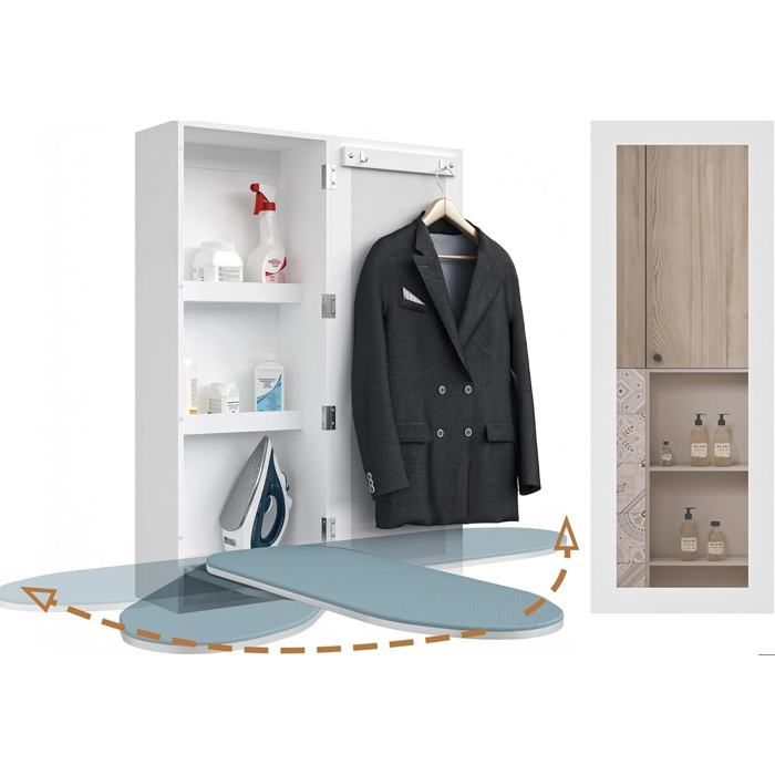 Armoire murale de repassage avec miroir – planche à repasser intégrée rabattable – blanc MDF