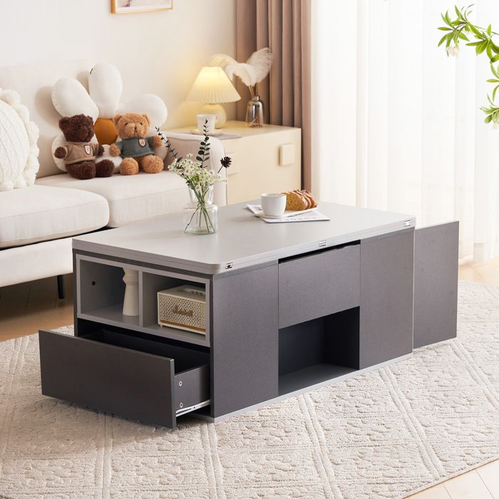 Table basse relevable - ZEVKOR - 2-en-1 - 2 tiroirs - Rangement ouvert - 100×51×47 cm