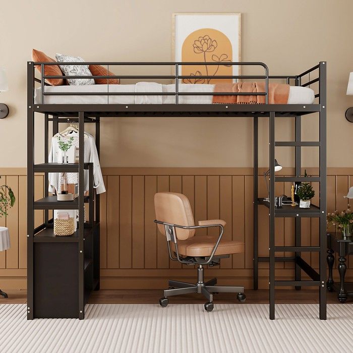 Lit mezzanine 90x200cm métal noir bureau USB/prises étagères placard ouvert garde-corps échelle