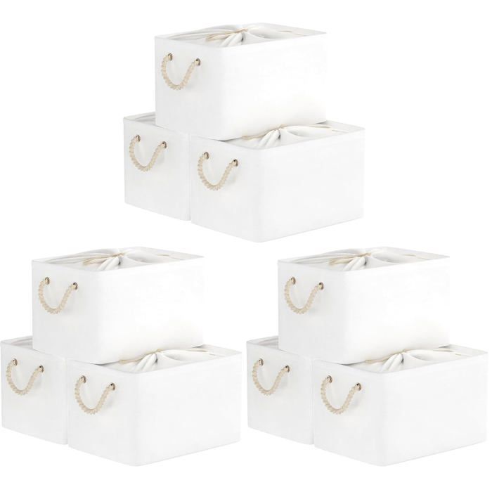 Lot de 9 paniers de rangement pliables - boîte 13 x 23 x 20 cm poignée renforcée fermeture par cordon tissu épais blanc