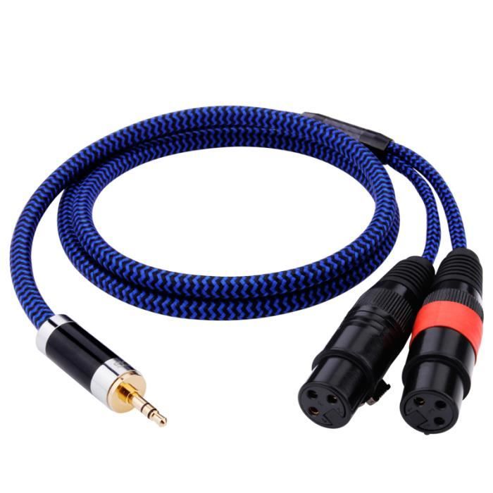 Bleu 2m Câble XLR 3.5mm Jack Stéréo Mâle à Double Femelle XLR Pour Enceintes Mélangeur OFC