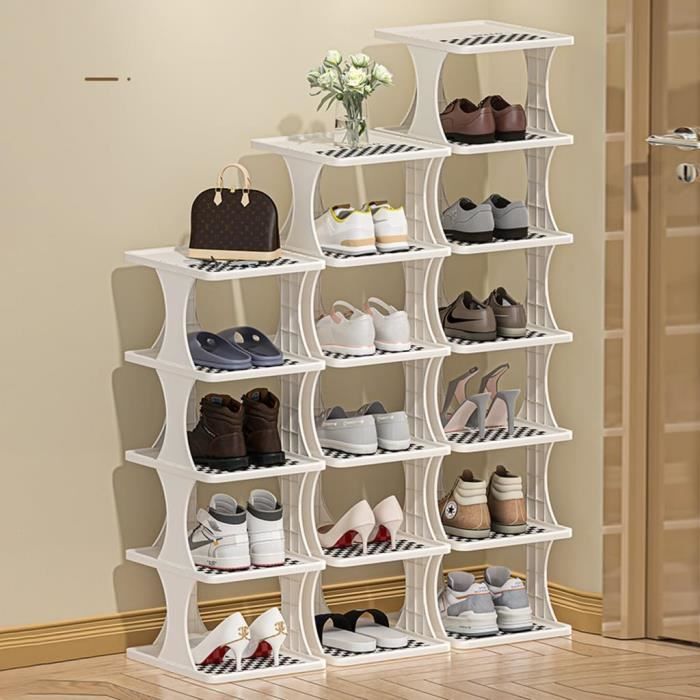 Rangement Chaussures 5 étages étroit - 60x22x80 Cm - Structure Métal Et Tissu Imperméable - Blanc