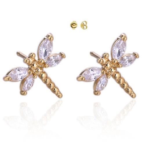Boucles D'oreilles Créoles Libellule Pour Enfant - Plaqué Or 18K - Zirconia Cubique Blanc - Neuf étiqueté