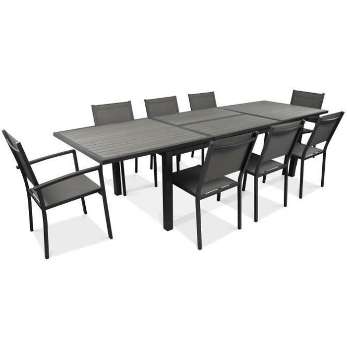 Ensemble de jardin extensible - table rectangulaire extensible polywood effet bois 10 personnes - 8 chaises et 2 fauteuils aluminium