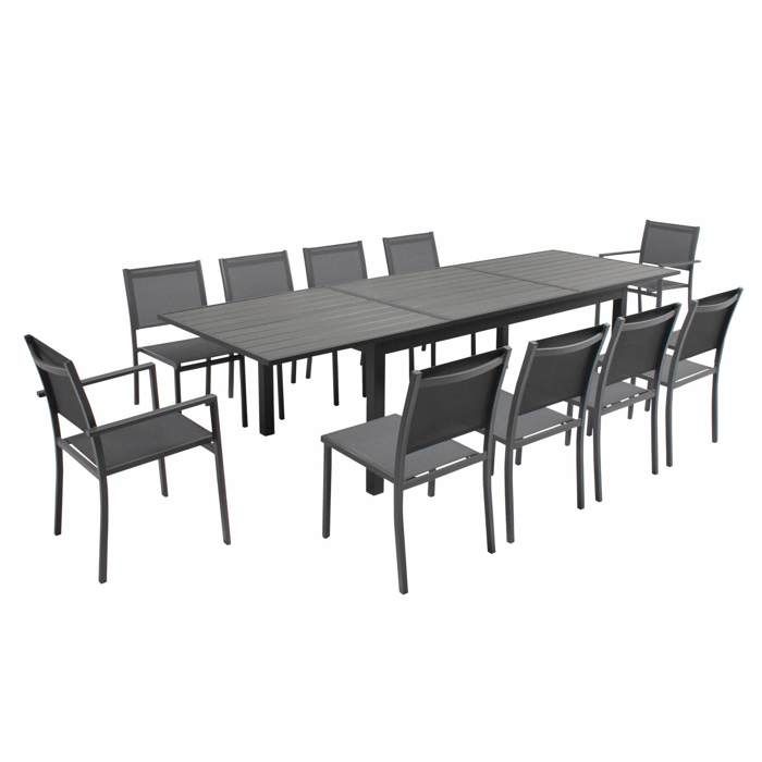 Ensemble de jardin extensible - table rectangulaire extensible polywood effet bois 10 personnes - 8 chaises et 2 fauteuils aluminium