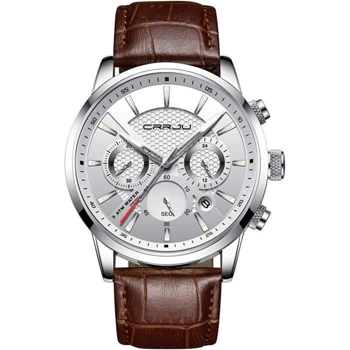 Montre Militaire Homme - Boîtier Acier Inox 34mm, Cadran Noir/blanc, Bracelet Cuir Marron - Occasion