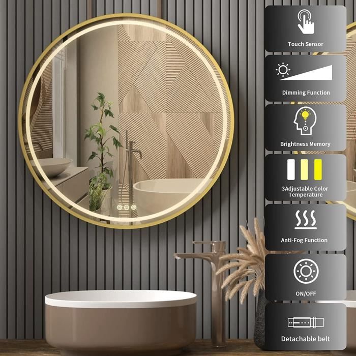 Miroir LED Rond 24 Pouces Noir - Éclairage Tactile 3 Couleurs, Antibuée - Salle De Bain