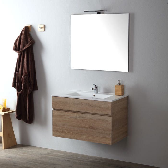 Meuble De Salle De Bain Suspendu 80 Cm En Chene Well Sole Cdiscount Maison